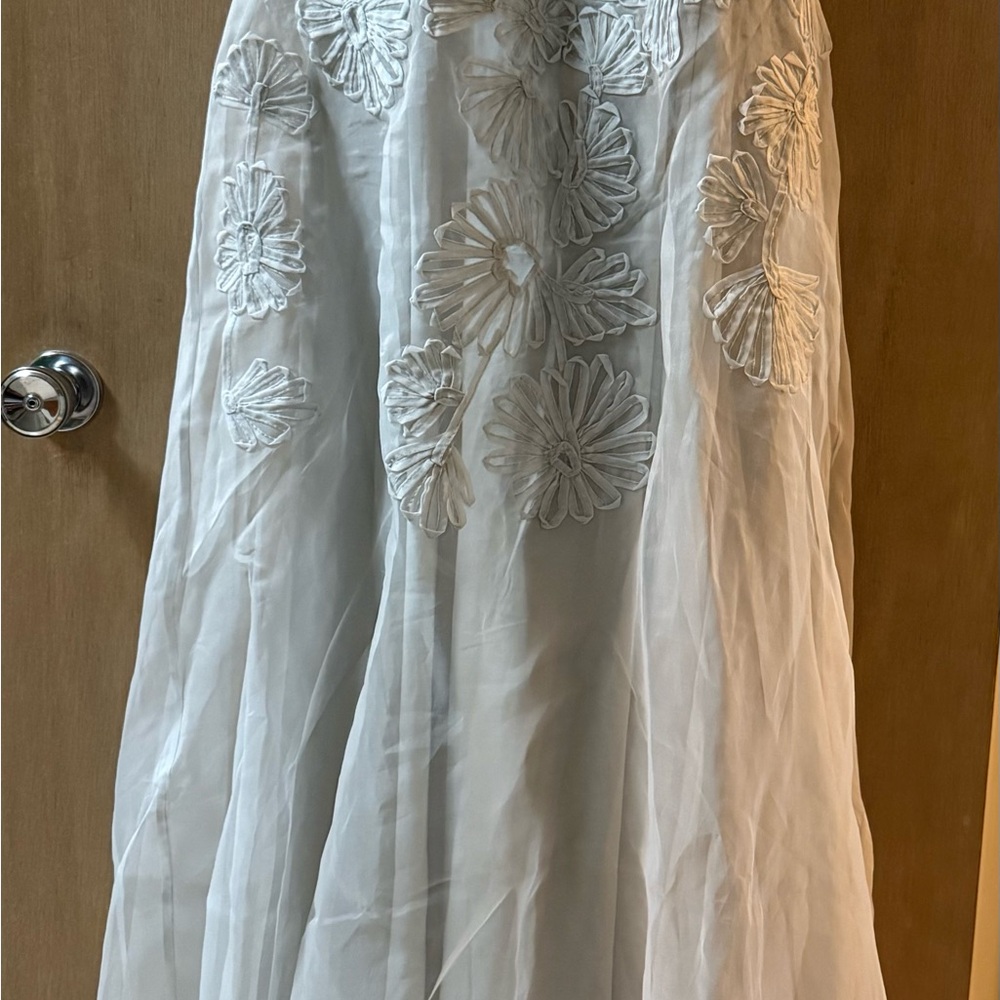 Elegant Anthropologie Blue/Gray Lined  Dress with Floral Details NWT